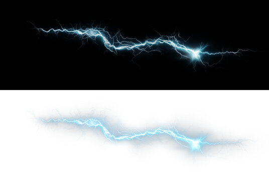 Bright blue lightning bolt with electric sparks and glowing energy PNG effect on a transparent background. Perfect for use in digital art, graphic design, animations, games - Powered by Adobe