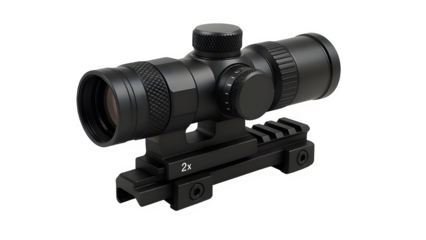 Three-Quarter Angled PNG of Modern 2x Rifle Scope Mounted on Rail