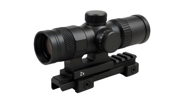Three-Quarter Angled PNG of Modern 2x Rifle Scope Mounted on Rail