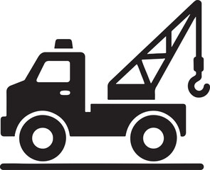 Crane truck icon silhouette, heavy-duty construction vehicle design for building, industry, and transport projects.