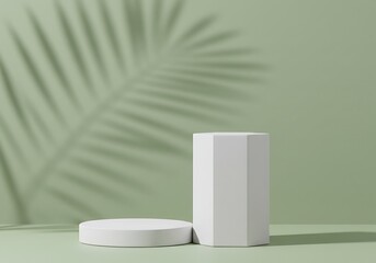 Minimalist product display with palm leaf shadow and geometric pedestals