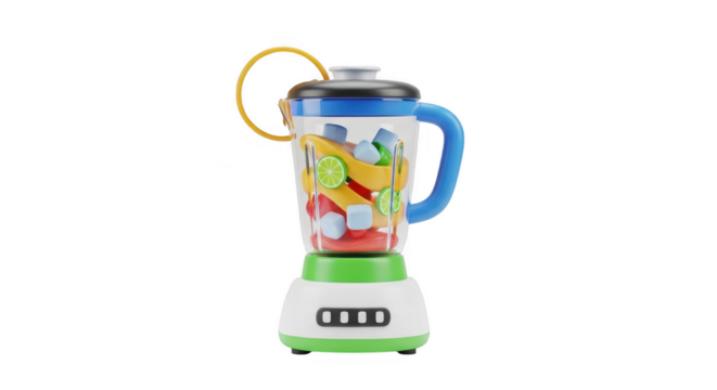 3d icon of toy blender filled with plastic fruits and vegetables isolated on transparent background, perfect for kids pretend play and kitchen role playing games