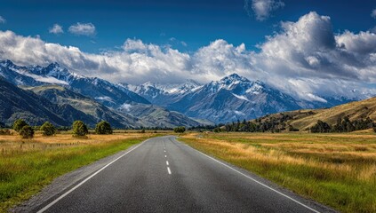 Naklejka premium A scenic asphalt road vanishes into a valley flanked by snow-capped mountains under a partly cloudy, bright blue sky. Golden grasslands line the road