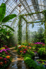 Lush tropical greenhouse with vibrant orchids, a stone path, and a serene pond with a waterfall.