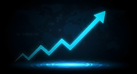Glowing Blue Arrow Growth Symbol, Zigzag Line Financial Progress, Futuristic World Map Business Design, Modern Tech Analytics Illustration, Digital Success and Positive Trends Graphic