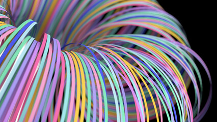Colorful textured circle shape, close-up. Black background. Abstract illustration, 3d render.