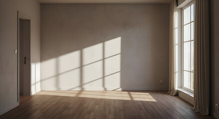Empty room with neutral tones featuring natural light and shadows. Interior design showcasing a modern, minimalist aesthetic with warm wood floors and beige walls.