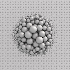 Gray balls and particles. Abstract illustration, 3d render.
