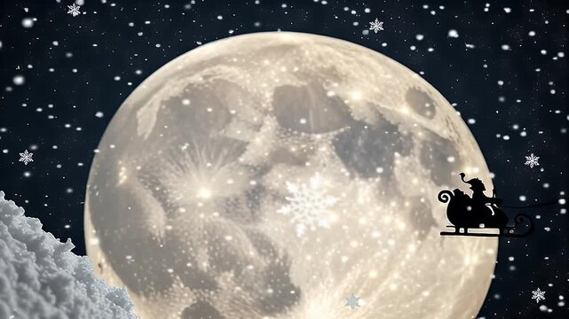 Santa Claus flying in a sleigh with reindeer against a full moon backdrop.