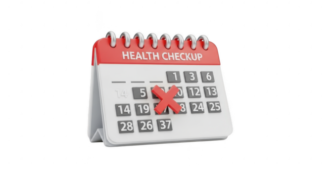 3d icon of a 3d rendering of a calendar with a red cross on the 23rd, symbolizing a health checkup appointment isolated on transparent background