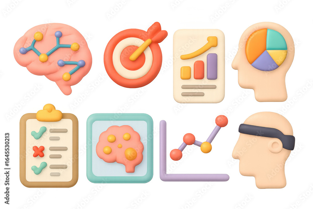 Poster colorful 3d icons of brainstorming and data analysis for creative projects