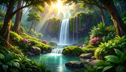 Lush waterfall in a vibrant jungle