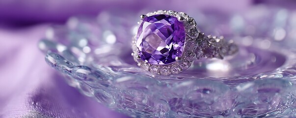 Luxury gemstone ring on textured lavender velvet and glass display plate