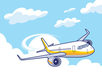 Cartoon airplane flying through clouds aircraft aviation