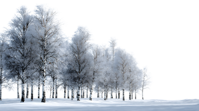Winter wonderland scene with frosted trees in a snowy landscape, isolated on transparent background, perfect for seasonal designs and holiday projects