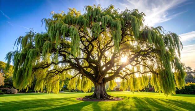 Lush willow tree in sunny park