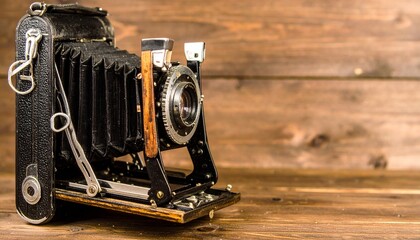 Classic film camera resting beside a leather case on a rustic shelf with dust motes.