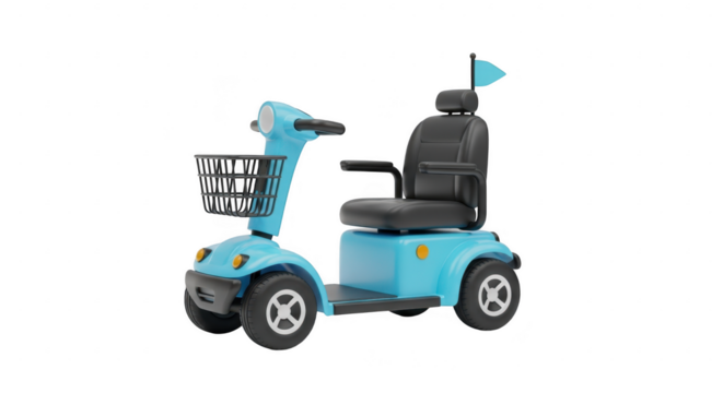 3d icon of a blue electric mobility scooter with a basket and flag, designed for elderly or disabled individuals, isolated on transparent background
