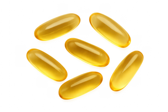 Fish oil capsules promoting health and wellness on transparent background