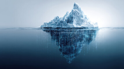 digital Iceberg with ideas above water and data below, symbolizing hidden analysis