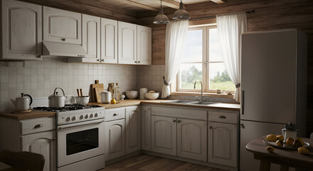 A charming, light-gray kitchen with a rustic, wooden beam ceiling. A woman, likely a homemaker, stands beside a window, enjoying the view of a lush garden.