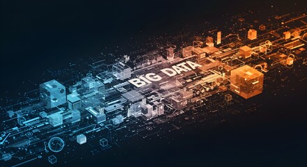Abstract digital illustration of big data, with various geometric shapes and data visualizations flowing across the image.