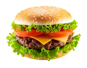 Gourmet Beef Burger with Cheese Slice Dripping Over the Patty, Angled Side View, Isolated on Transparent Background