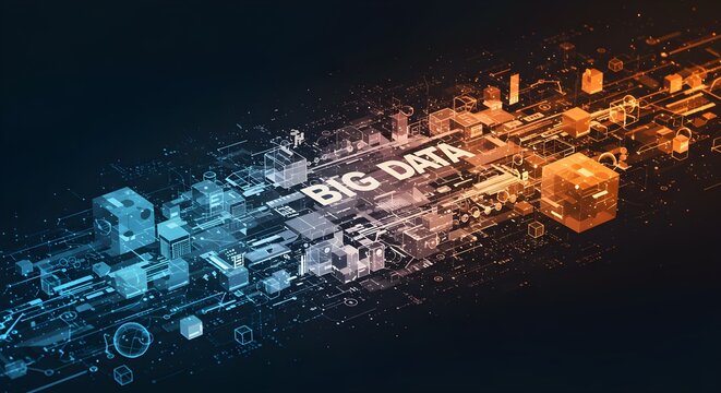 Abstract digital illustration of big data, with various geometric shapes and data visualizations flowing across the image.