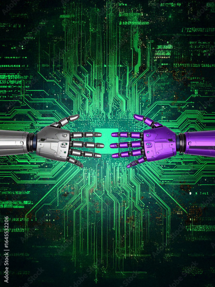 Aufkleber two futuristic robot hands, one silver and one purple, reach towards each other over a glowing green