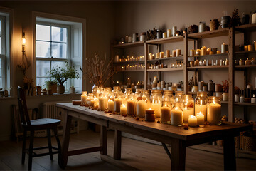 Warm, inviting candle-making studio with shelves of handmade candles in elegant jars, natural wood furniture, soft warm lighting, and dried flowers for decoration, cozy and photorealistic, commercial 