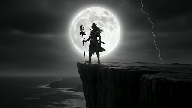 lord shiva full moon cliff lightning night