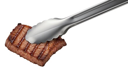 Grilled Steak Held by Tongs on White