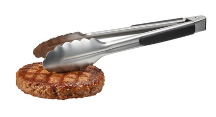 Grilling Tongs Holding Cooked Burger Patty