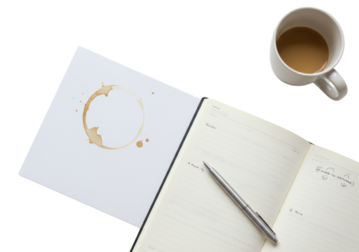 Fresh light brown coffee stain, minimalist notebook with subtle notes, sleek pen on transparent desk. Overhead flat lay, soft natural light, copy space. Concept of professional productivity and
