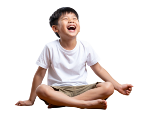 Laughing Asian Chinese Boy in White T-shirt and Shorts Sitting Cross-Legged, Isolated on Transparent Background