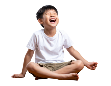 Laughing Asian Chinese Boy in White T-shirt and Shorts Sitting Cross-Legged, Isolated on Transparent Background