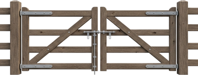 Rustic wooden gate with sturdy metal hinges in an outdoor setting