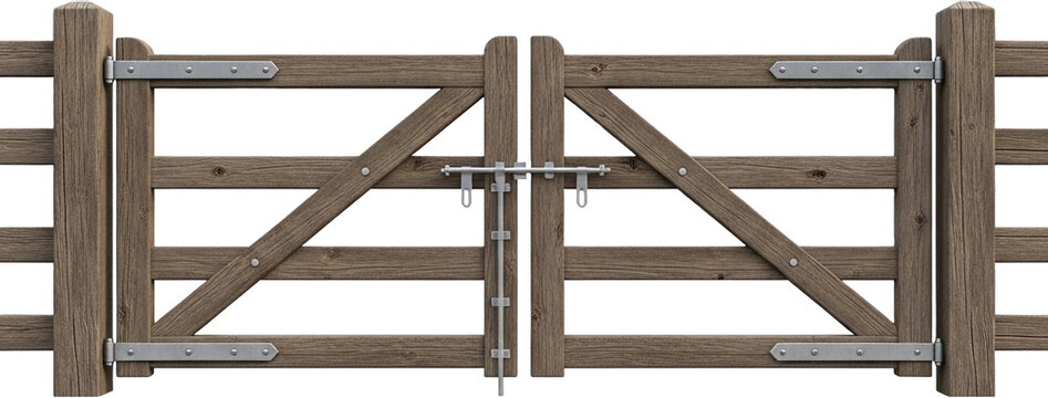 Rustic wooden gate with sturdy metal hinges in an outdoor setting