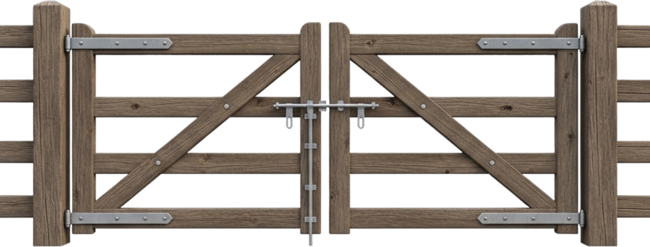 Rustic wooden gate with sturdy metal hinges in an outdoor setting