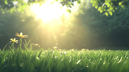 Obraz premium Sunlight shining through green grass with small yellow flowers in a park