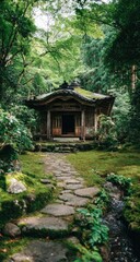 A moss-covered stone path leads to a weathered wooden temple nestled within a lush, verdant forest, shaded by towering trees.  A small stream flows nearby
