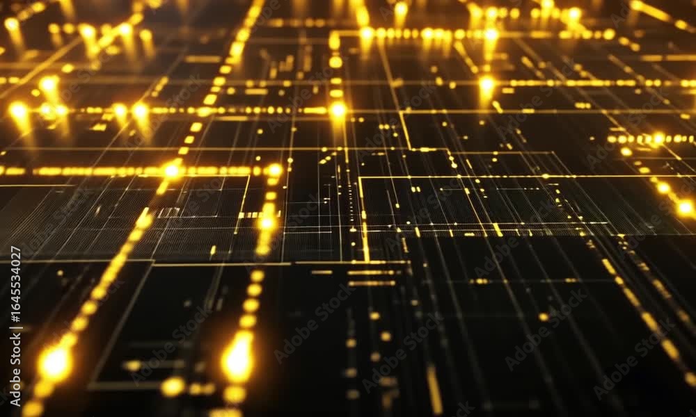 Aufkleber golden glowing circuit board with intricate lines and bright nodes in a dark technology backdrop