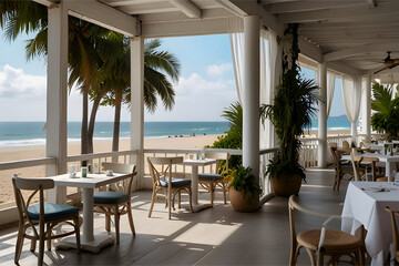 Fototapeta premium Open-air beach café with white wooden tables, ocean view, light flowing curtains, tropical plants, fresh and breezy atmosphere, realistic style, commercial photography aesthetic