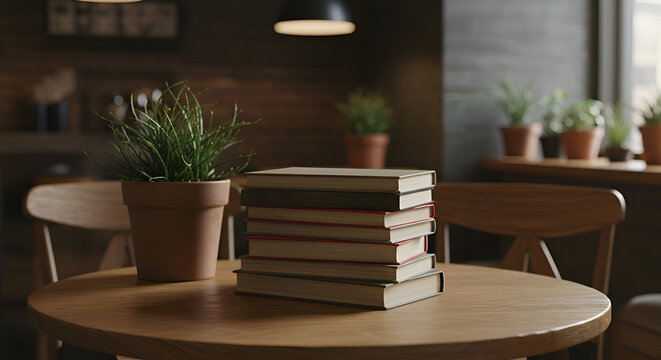 A stack of books rests on a wooden table in a cozy cafe, showcasing various colors in their hardcovers. A small plant sits beside the books, adding a touch of greenery to the scene. - Powered by Adobe