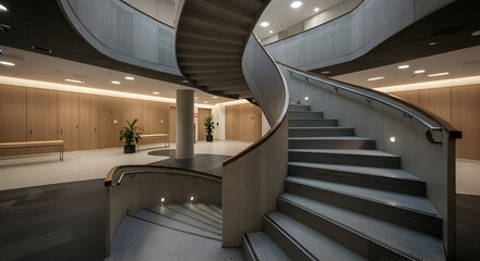 Fototapeta premium Modern spiral staircase in a contemporary office building interior. Architectural design features a gray granite staircase with a curved concrete railing, showcasing a modern, minimalist aesthetic.