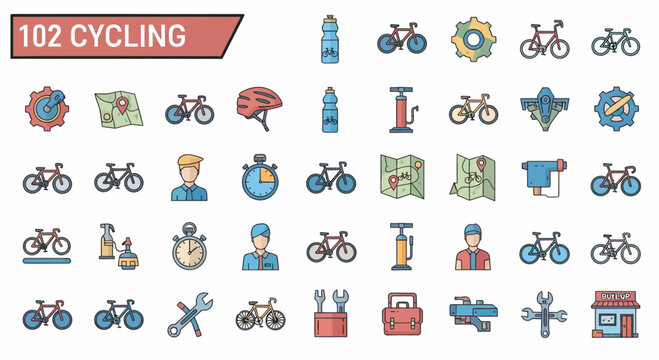 Collection of colorful bicycle-related icons, showing various tools, accessories, and people.