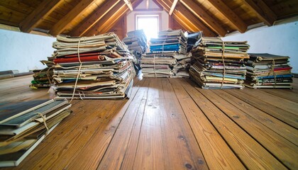 Stacks of vintage magazines tied with twine on a worn wooden floor. 