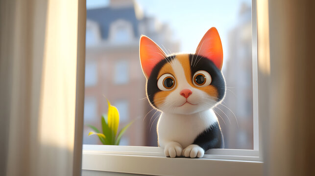 Cute Calico Kitten Looking Through Window With Warm Light