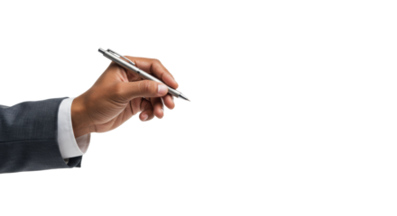 Professional, ethnicity-neutral hand in a crisp sleeve holding a modern minimalist pen, poised for writing in a transparent studio with copy space, symbolizing precision and ideation concept