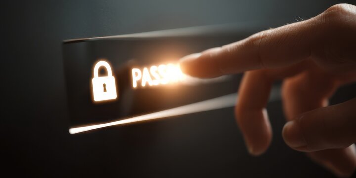 Finger touches password input on electronic device with illuminated lock symbol in a dimly lit environment